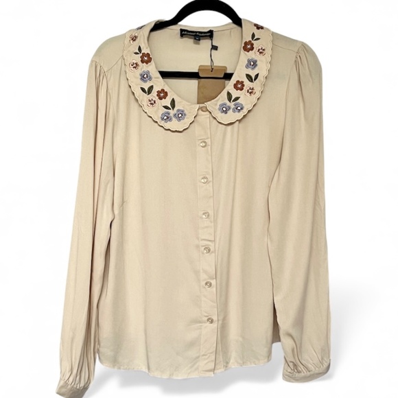 Princess Highway Blouse Top Button Up Embroidered Beige Size M Floral Collar NEW - Picture 1 of 7